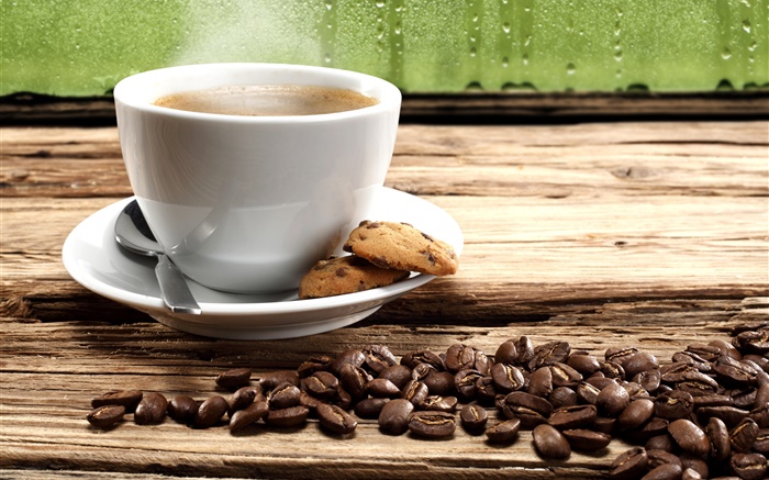 咖啡豆，饼干，杯子，蒸汽 壁纸 图片