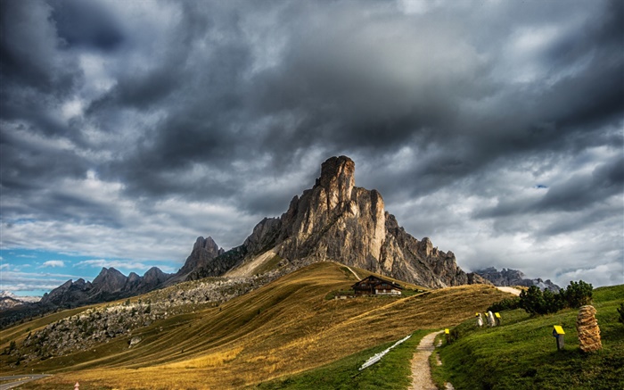 白云岩，意大利，山，房子，路径，云 壁纸 图片