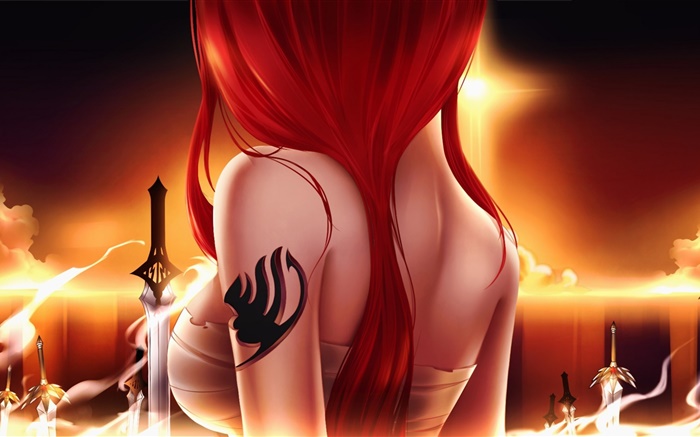 妖精的尾巴，动漫女孩，红色的头发，剑，后视图 壁纸 图片
