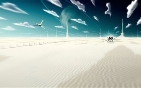 幻想世界，创意，云，行星，沙漠，飞机 高清壁纸