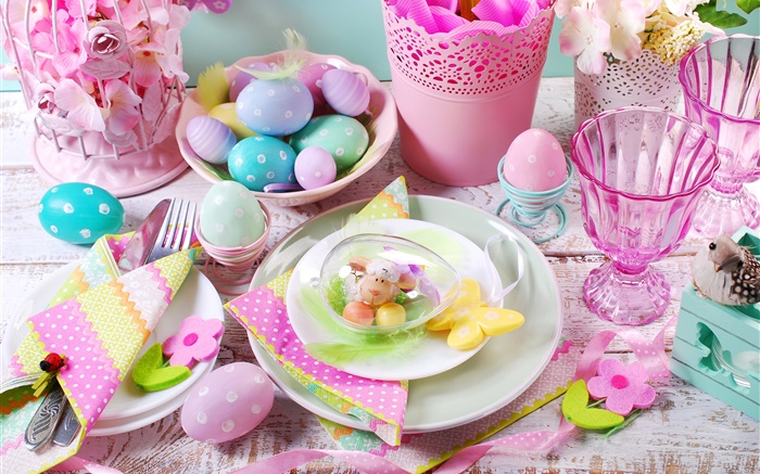 复活节快乐，装饰，丰富多彩蛋，杯子，鲜花，春天 壁纸 图片