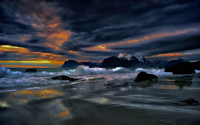 罗弗敦群岛，挪威，岸，海岸，海，石头，晚上，云 壁纸 图片