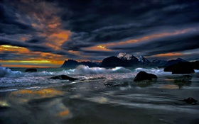 罗弗敦群岛，挪威，岸，海岸，海，石头，晚上，云 高清壁纸