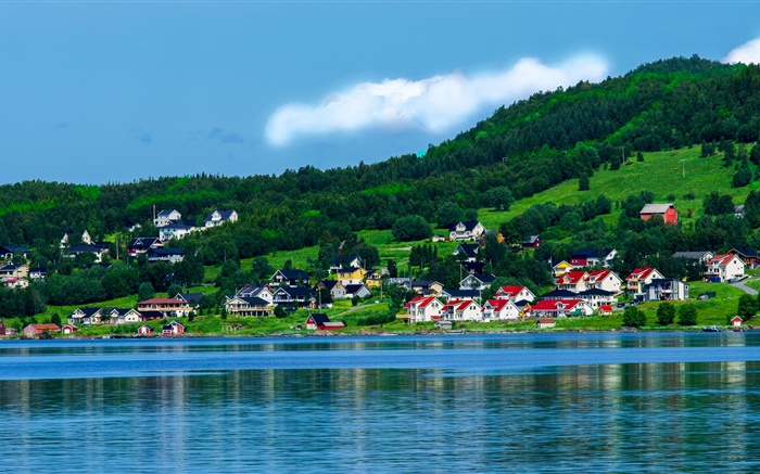 挪威，海湾，房屋，树木，高山，蓝天，云 壁纸 图片