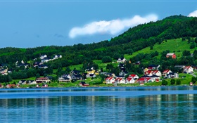 挪威，海湾，房屋，树木，高山，蓝天，云