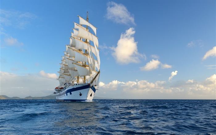 帆船，船，蔚蓝的大海，天空，云 壁纸 图片