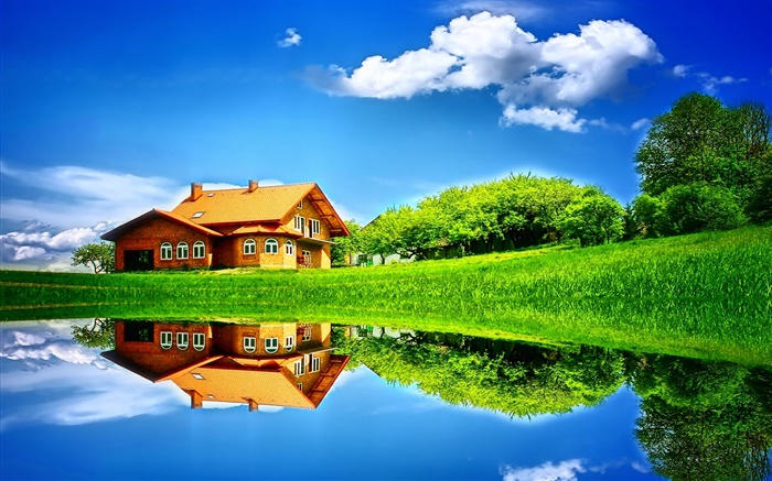 夏天，湖，房子，树，草，水中的倒影 壁纸 图片