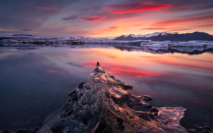 日出，湖，冰，冬天，山，黎明 壁纸 图片