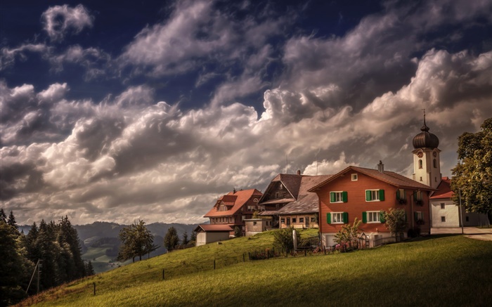 瑞士，Heiligkreuz，房子，坡，树木，云 壁纸 图片