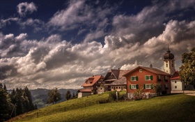 瑞士，Heiligkreuz，房子，坡，树木，云
