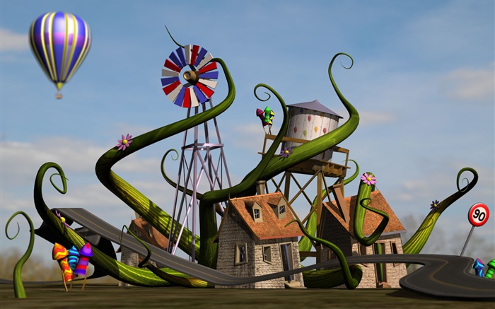 3D家庭，房子，风车，路，气球 壁纸 图片
