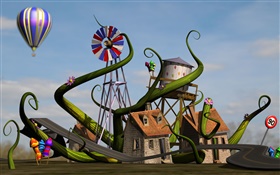 3D家庭，房子，风车，路，气球