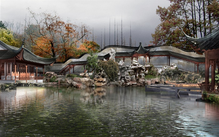 3D公园设计，湖泊，亭台，树木，秋天 壁纸 图片