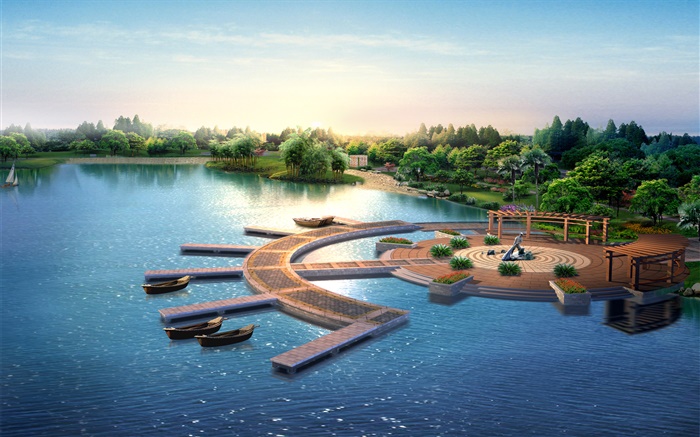 3D公园设计，渲染，码头，船只，树木，湖泊 壁纸 图片