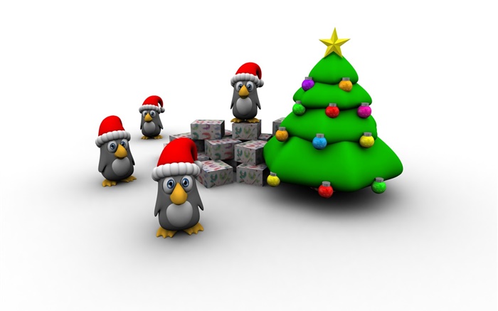 3D图片，圣诞树，企鹅，礼品盒 壁纸 图片