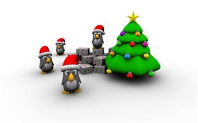 3D图片，圣诞树，企鹅，礼品盒 高清壁纸