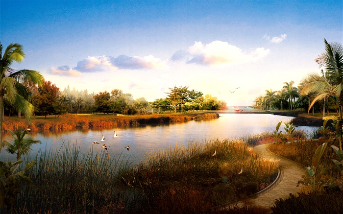 3D渲染景观，河流，草，鸟，棕榈树，日落 壁纸 图片