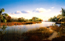 3D渲染景观，河流，草，鸟，棕榈树，日落