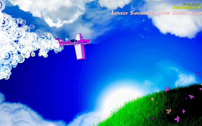 飞机，云，草地，鲜花，阳光，创意设计 壁纸 图片