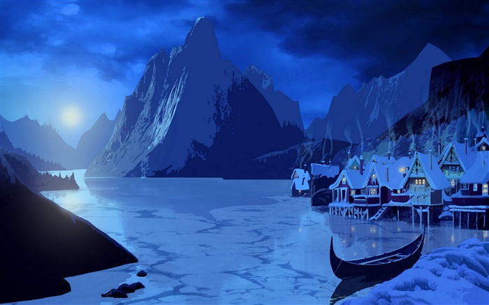 绘画艺术，雪，晚上，月亮，房子，山，船，河 壁纸 图片
