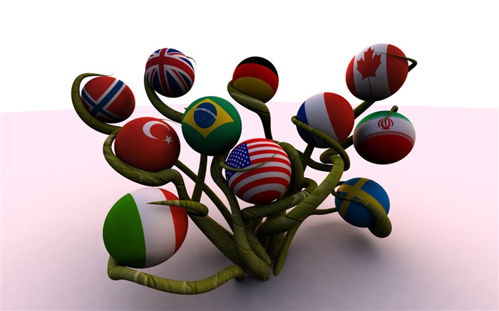 球形国旗，树，3D创意 壁纸 图片