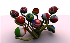 球形国旗，树，3D创意
