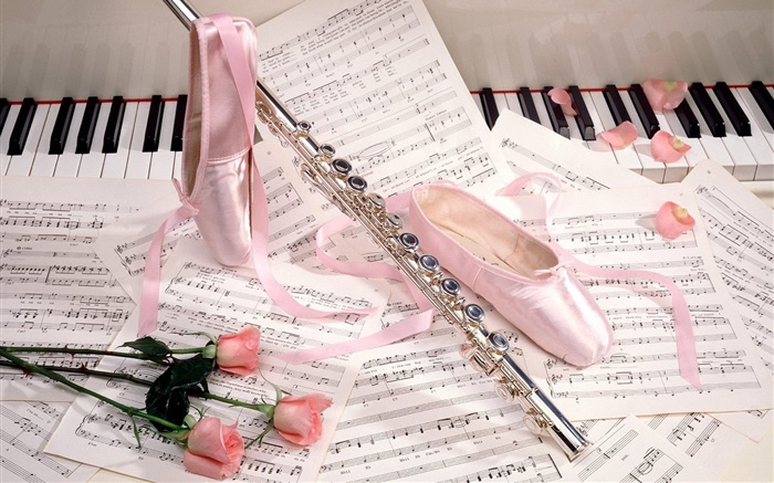 芭蕾舞鞋，长笛，粉红玫瑰，音乐乐谱 壁纸 图片