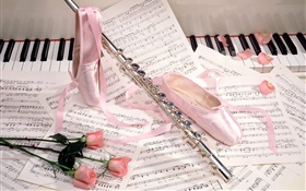 芭蕾舞鞋，长笛，粉红玫瑰，音乐乐谱 高清壁纸