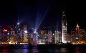 美丽的香港，城市夜景，摩天大楼，灯，海