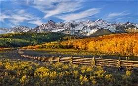 美丽的秋天景观，山，森林，栅栏 高清壁纸