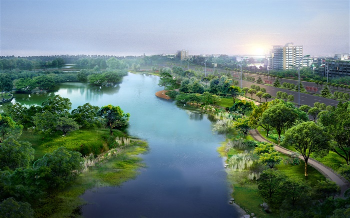 美丽的城市公园，3D设计，河流，树木，道路，房屋 壁纸 图片