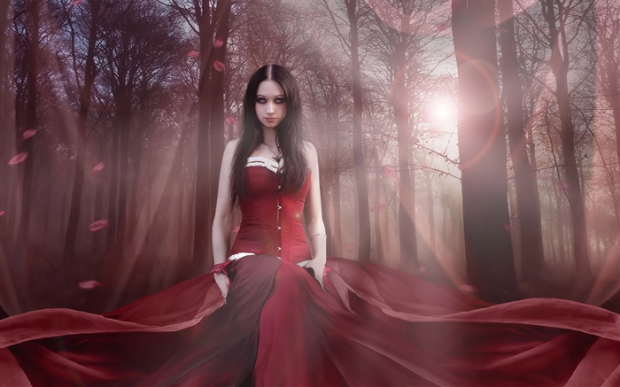美丽的幻想的女孩，红色礼服，森林，阳光 壁纸 图片