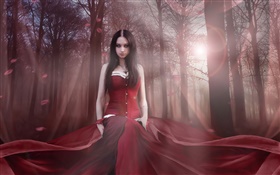 美丽的幻想的女孩，红色礼服，森林，阳光
