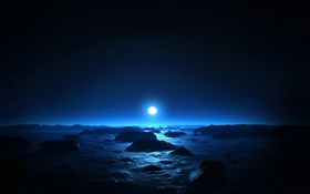 美丽的夜晚，海，海岸，月亮，蓝色风格 高清壁纸