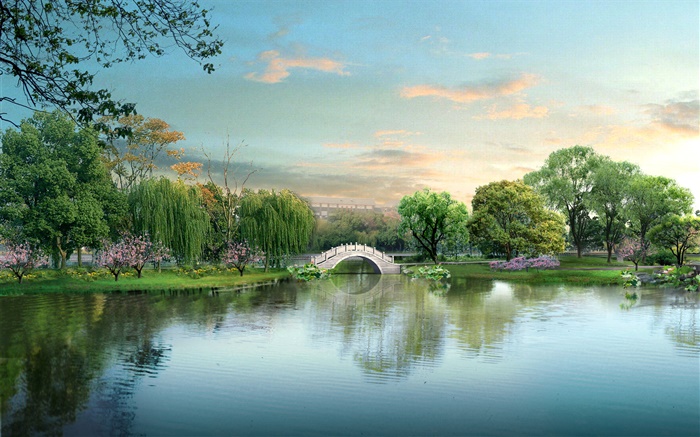 美丽的公园湖，桥，树，3D设计 壁纸 图片