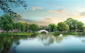 美丽的公园湖，桥，树，3D设计 高清壁纸