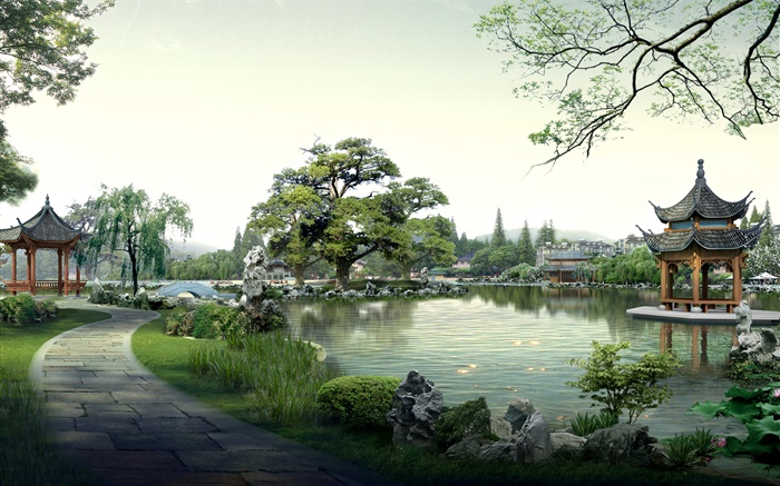 美丽的公园，湖泊，石，亭，树木，道路，3D渲染设计 壁纸 图片