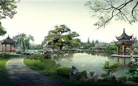 美丽的公园，湖泊，石，亭，树木，道路，3D渲染设计