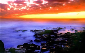 美丽的红色的天空，夕阳，海，石头，夏威夷，美国