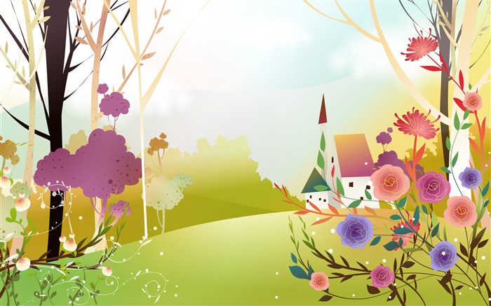 美丽的春天，花草，树木，太阳，房子，矢量设计 壁纸 图片