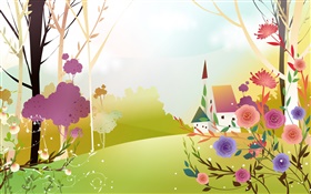 美丽的春天，花草，树木，太阳，房子，矢量设计 高清壁纸