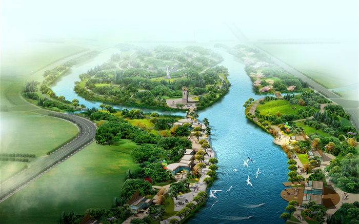 美丽的顶视图的公园，河流，草，树，鸟，3D渲染设计 壁纸 图片