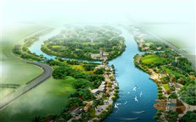 美丽的顶视图的公园，河流，草，树，鸟，3D渲染设计