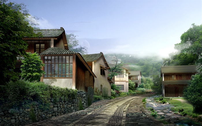 美丽的村庄，房屋，道路，石头，雾，3D渲染设计 壁纸 图片