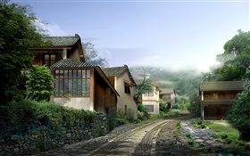 美丽的村庄，房屋，道路，石头，雾，3D渲染设计 高清壁纸