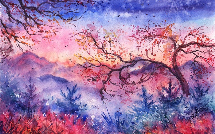 美丽的水彩画，晚上，树木，山，红色风格 壁纸 图片