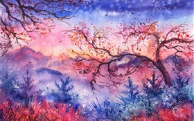 美丽的水彩画，晚上，树木，山，红色风格