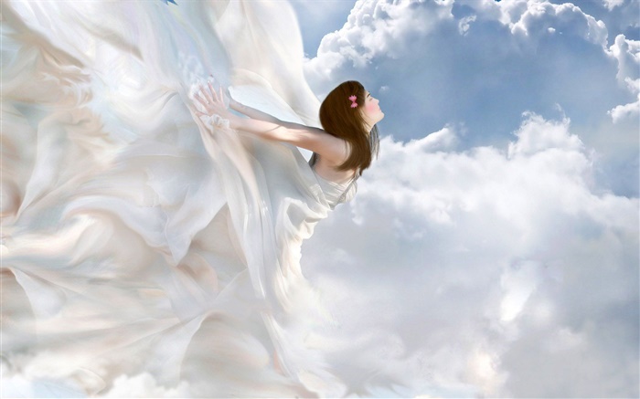 美丽的白色礼服天使，幻想的女孩，云 壁纸 图片