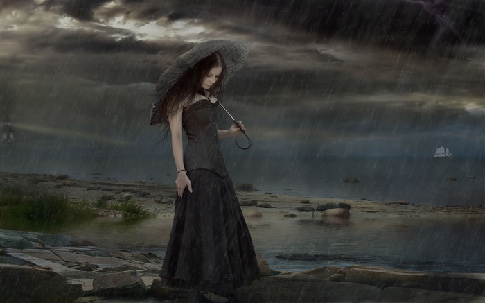 黑色礼服幻想的女孩在雨夜，伞 壁纸 图片