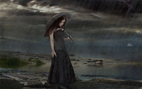 黑色礼服幻想的女孩在雨夜，伞 高清壁纸